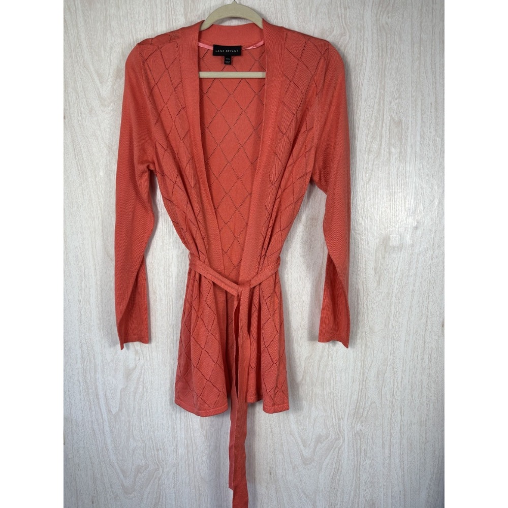 Lane Bryant Cardigan Womens 10/12 Coral Orange Tie Waist Knit‎ Sweater Cozy Chic